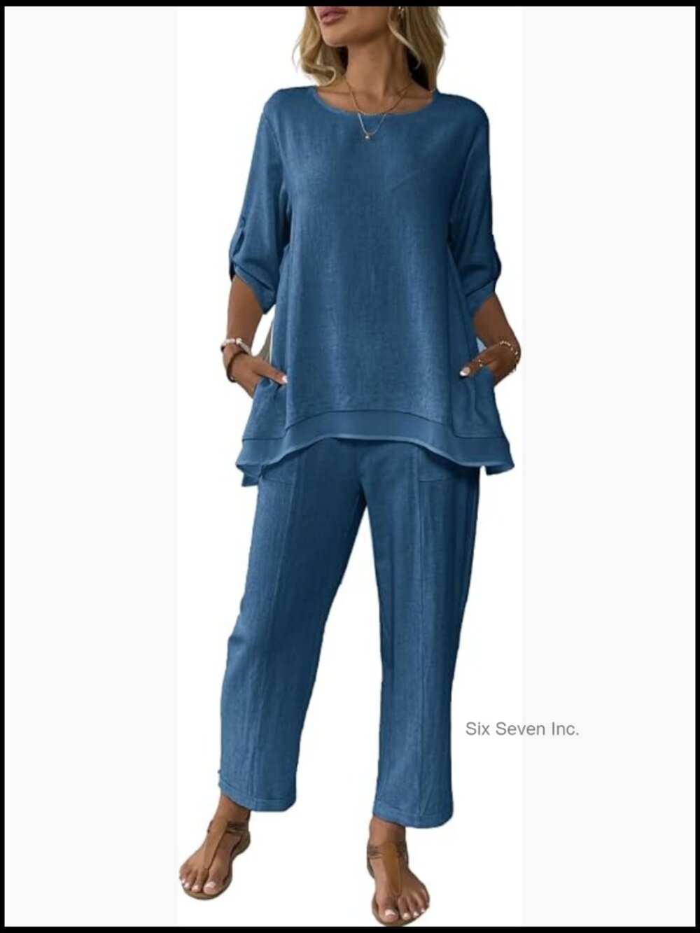 Linen 2 Piece Outfits Rolled Sleeve Top Wide Leg Trouser Pants Suit Set